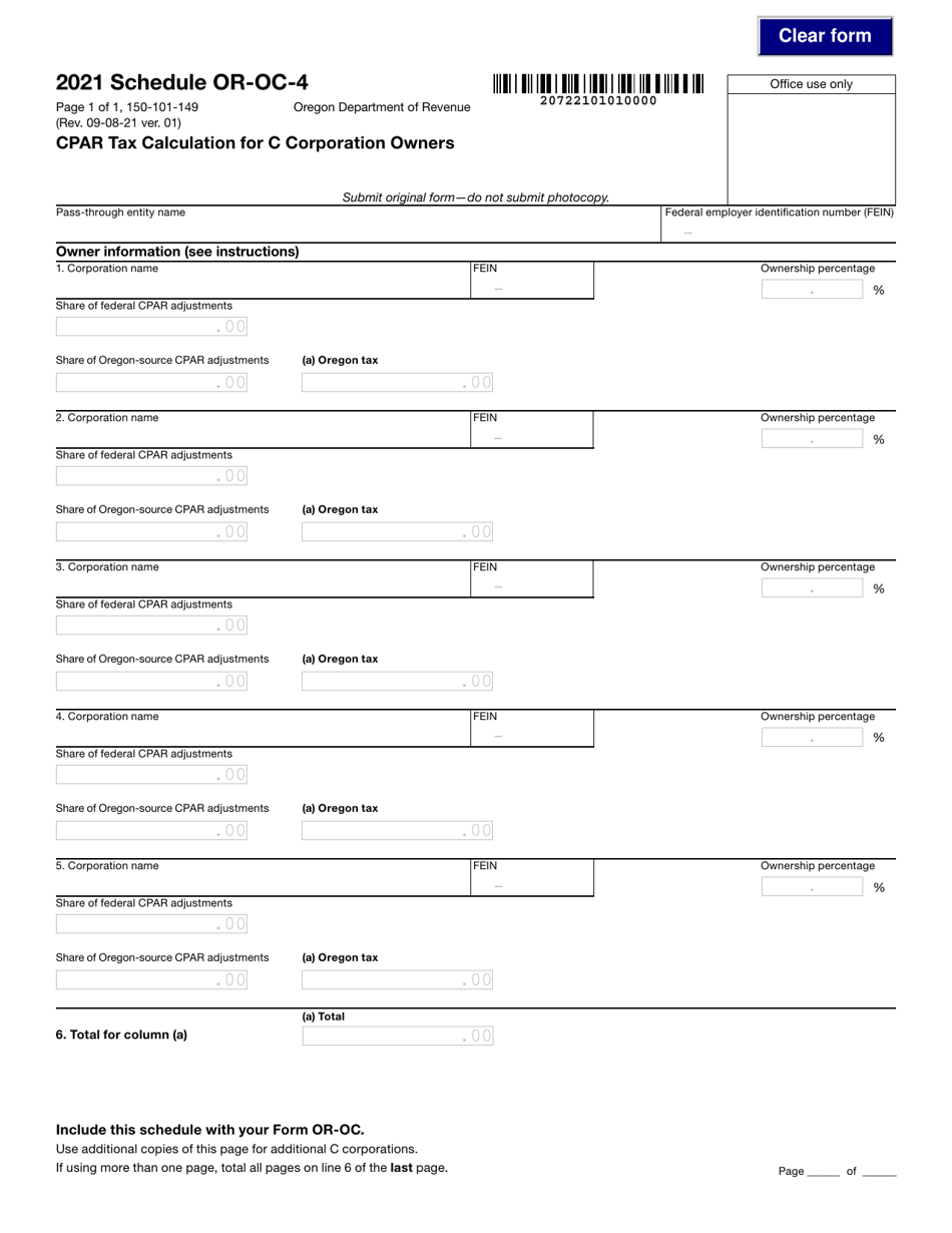 Form 150-101-149 Schedule OR-OC-4 Cpar Tax Calculation for C Corporation Owners - Oregon, Page 1