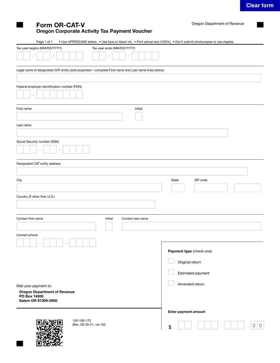 Form OR-CAT-V (150-106-172) Oregon Corporate Activity Tax Payment Voucher - Oregon, Page 1