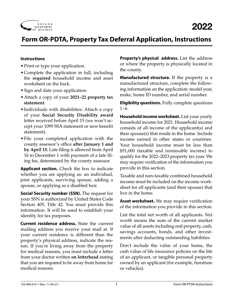 Instructions for Form OR-PDTA, 150-490-014 Property Tax Deferral Application - Oregon, Page 1