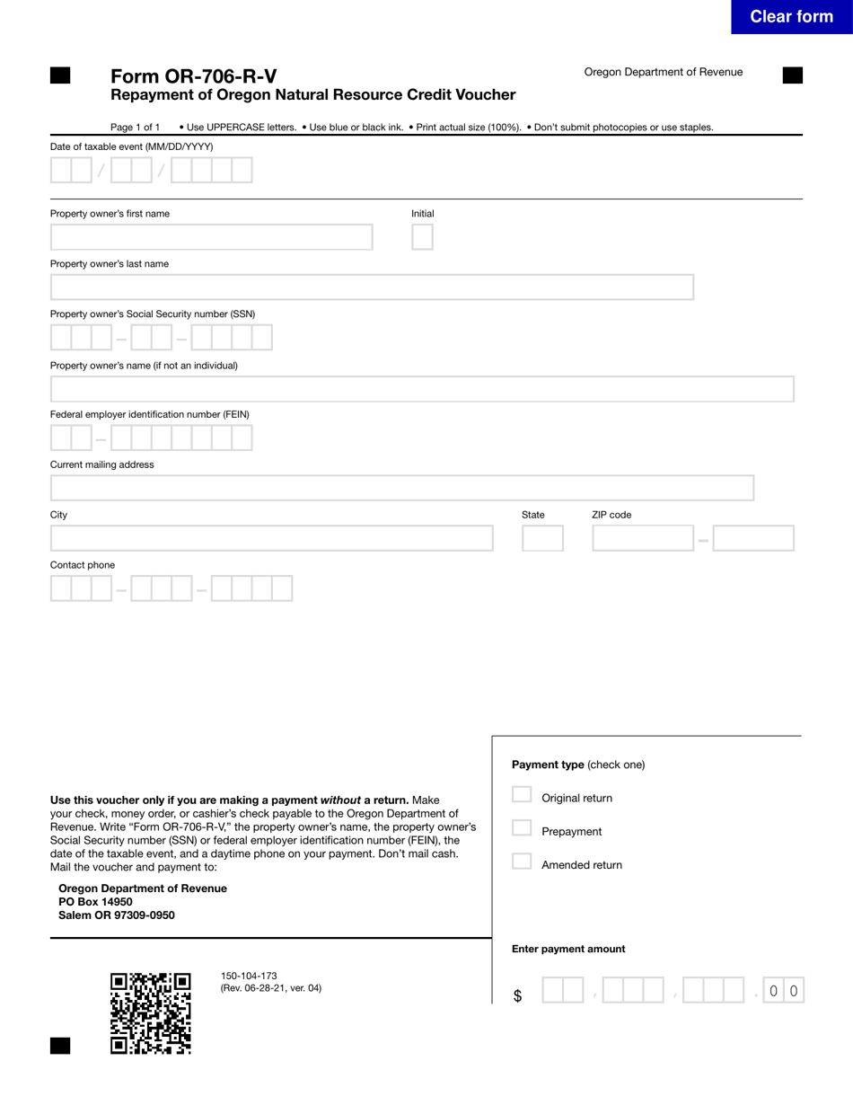 Form OR-706-R-V (150-104-173) Repayment of Oregon Natural Resource Credit Voucher - Oregon, Page 1