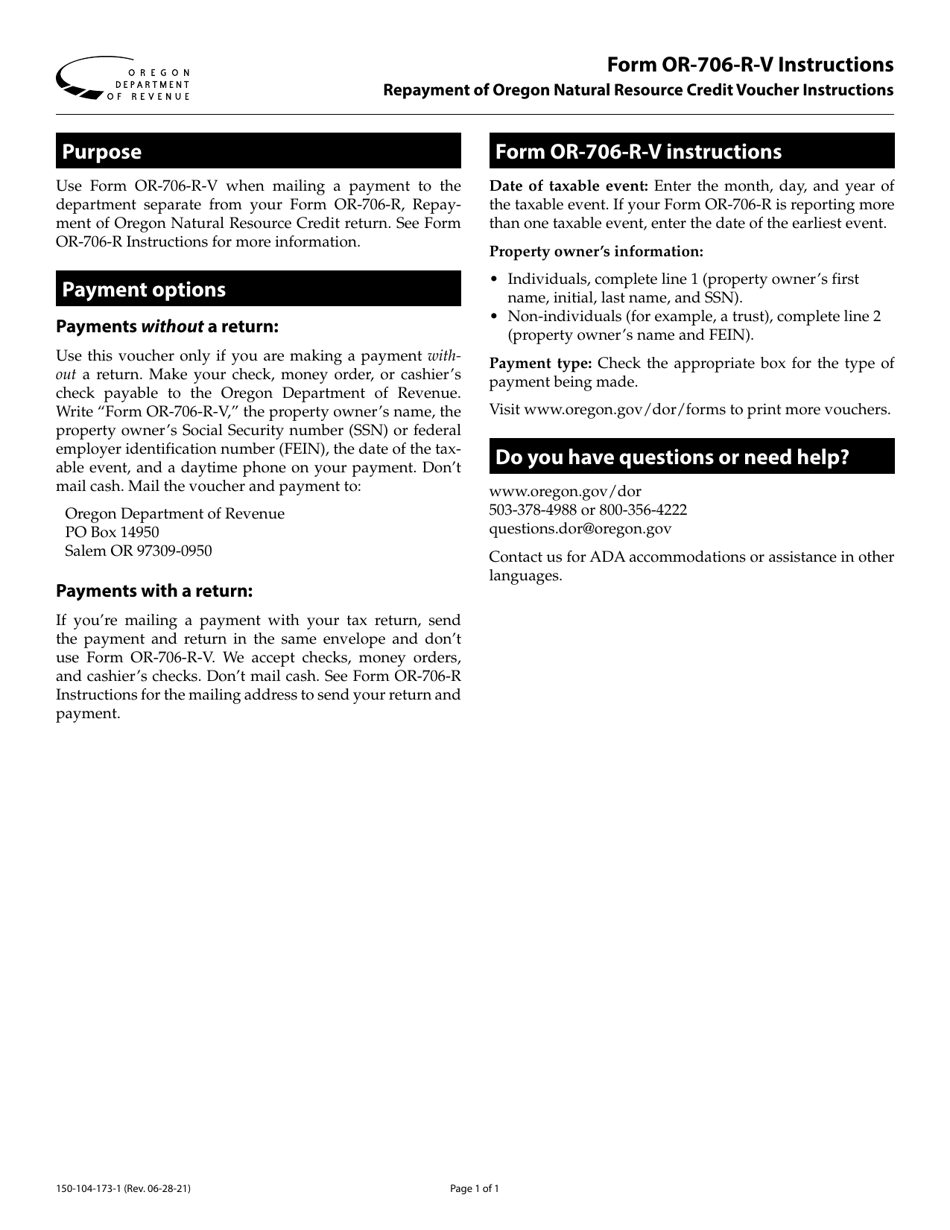 Instructions for Form OR-706-R-V, 150-104-173 Repayment of Oregon Natural Resource Credit Voucher - Oregon, Page 1