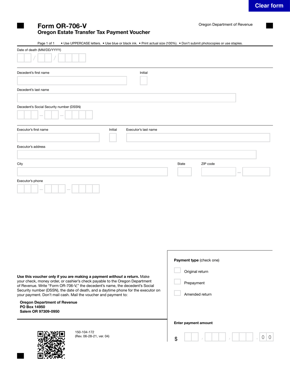 Form OR-706-V (150-104-172) Oregon Estate Transfer Tax Payment Voucher - Oregon, Page 1