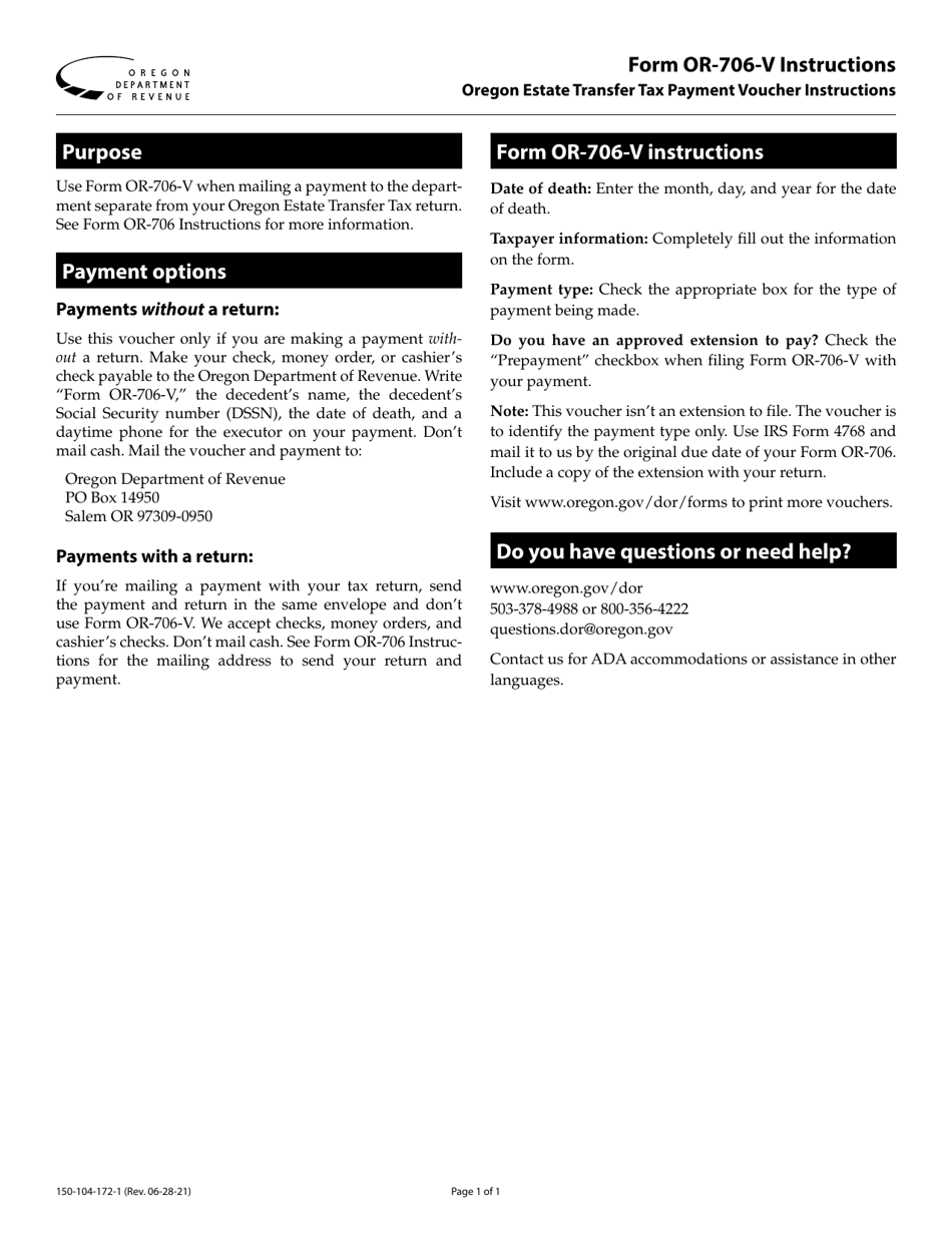 Instructions for Form OR-706-V, 150-104-172 Oregon Estate Transfer Tax Payment Voucher - Oregon, Page 1