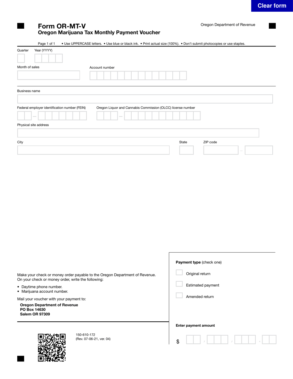 Form OR-MT-V (150-610-172) Oregon Marijuana Tax Monthly Payment Voucher - Oregon, Page 1