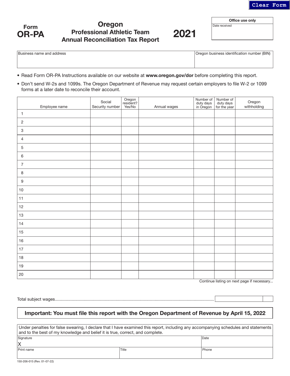 Form OR-PA (150-206-015) Oregon Professional Athletic Team Annual Reconciliation Tax Report - Oregon, Page 1