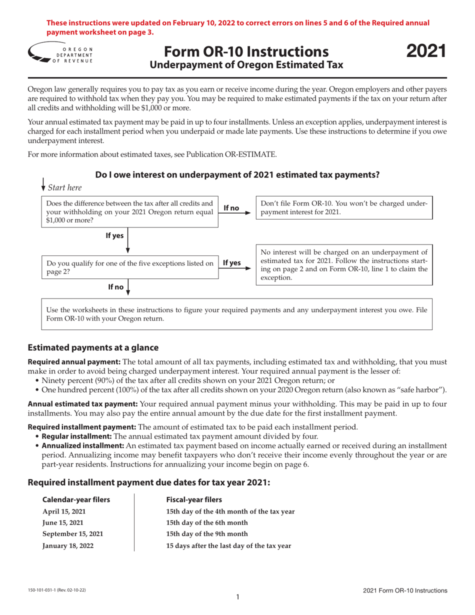 Instructions for Form OR-10, 150-101-031 Underpayment of Oregon Estimated Tax - Oregon, Page 1