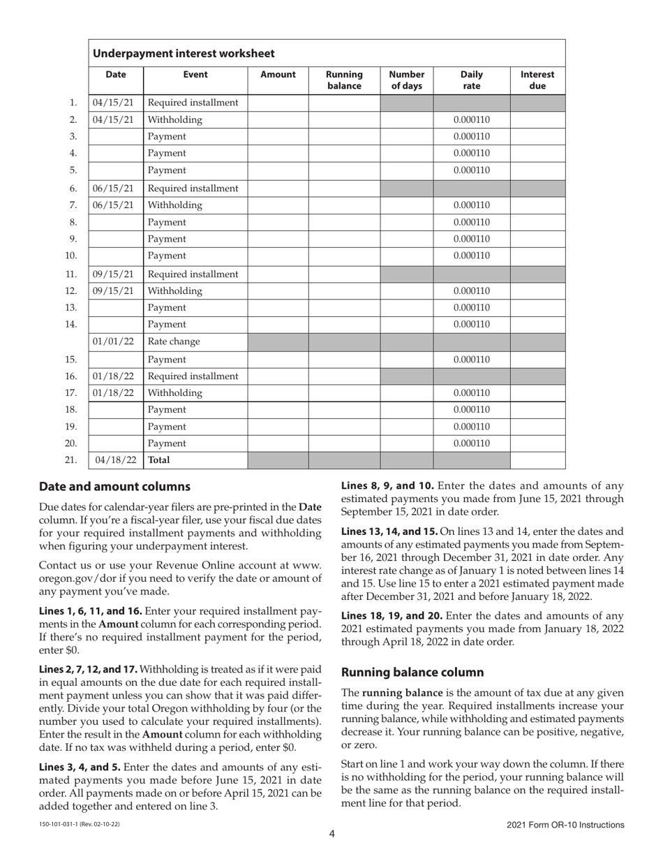 Instructions for Form OR-10, 150-101-031 Underpayment of Oregon Estimated Tax - Oregon, Page 4