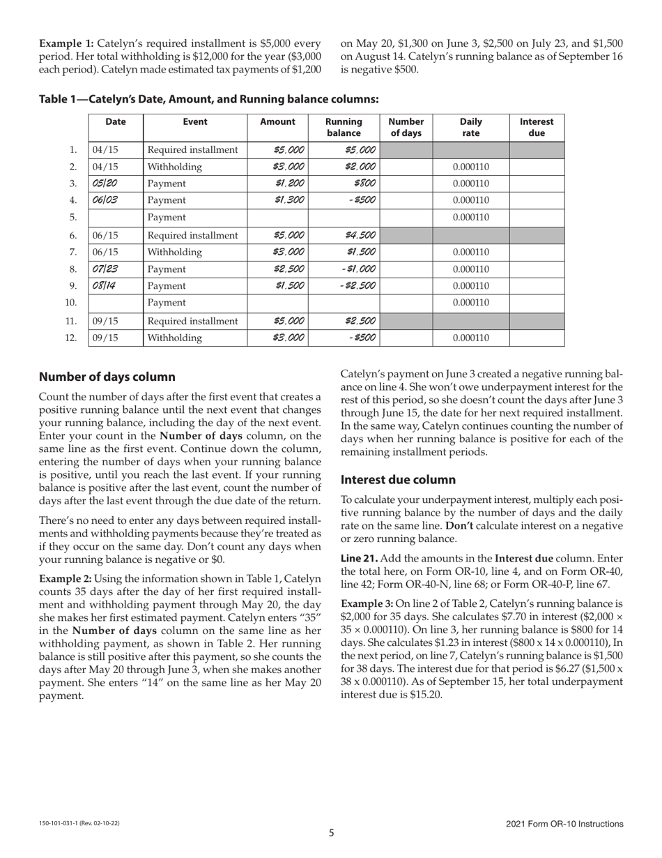 Instructions for Form OR-10, 150-101-031 Underpayment of Oregon Estimated Tax - Oregon, Page 5
