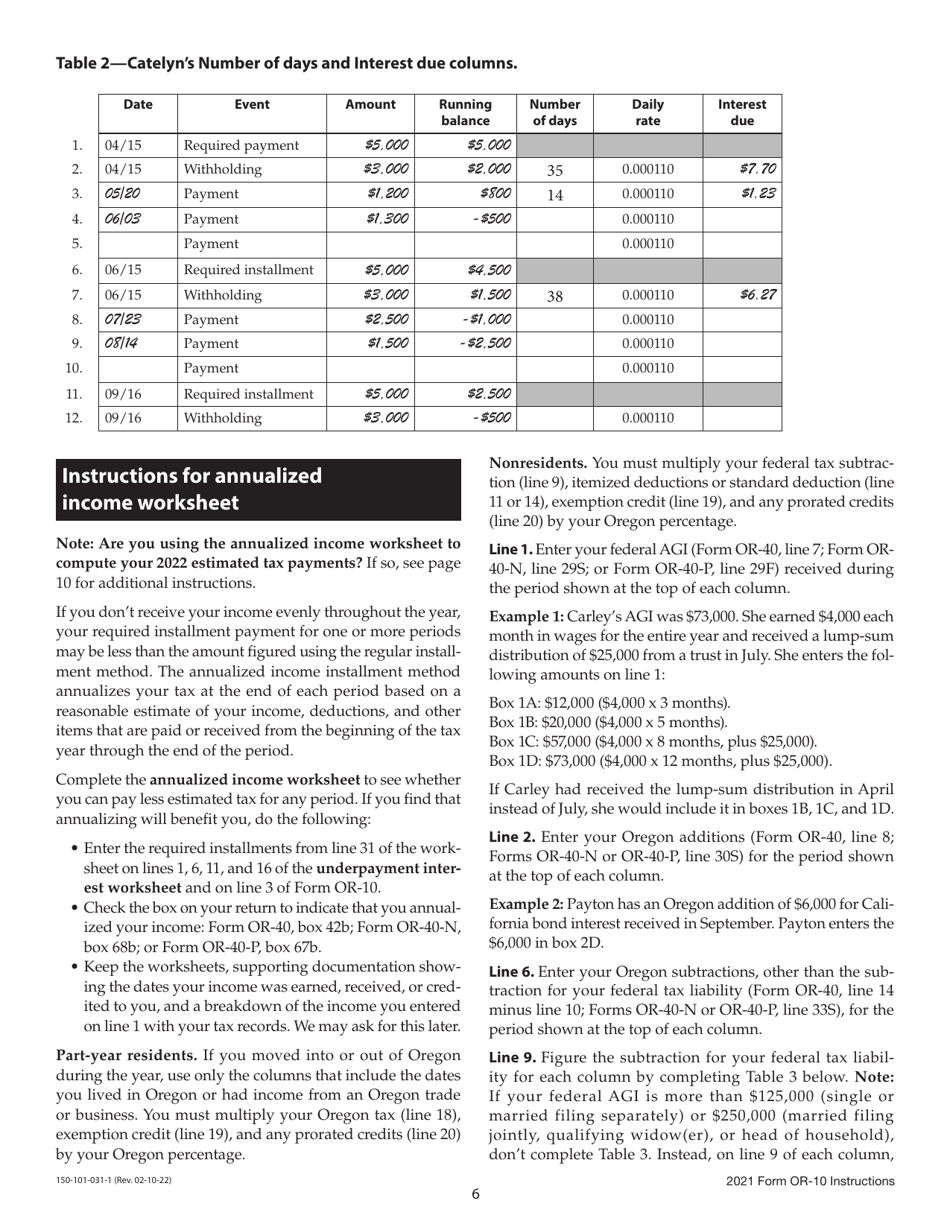 Instructions for Form OR-10, 150-101-031 Underpayment of Oregon Estimated Tax - Oregon, Page 6