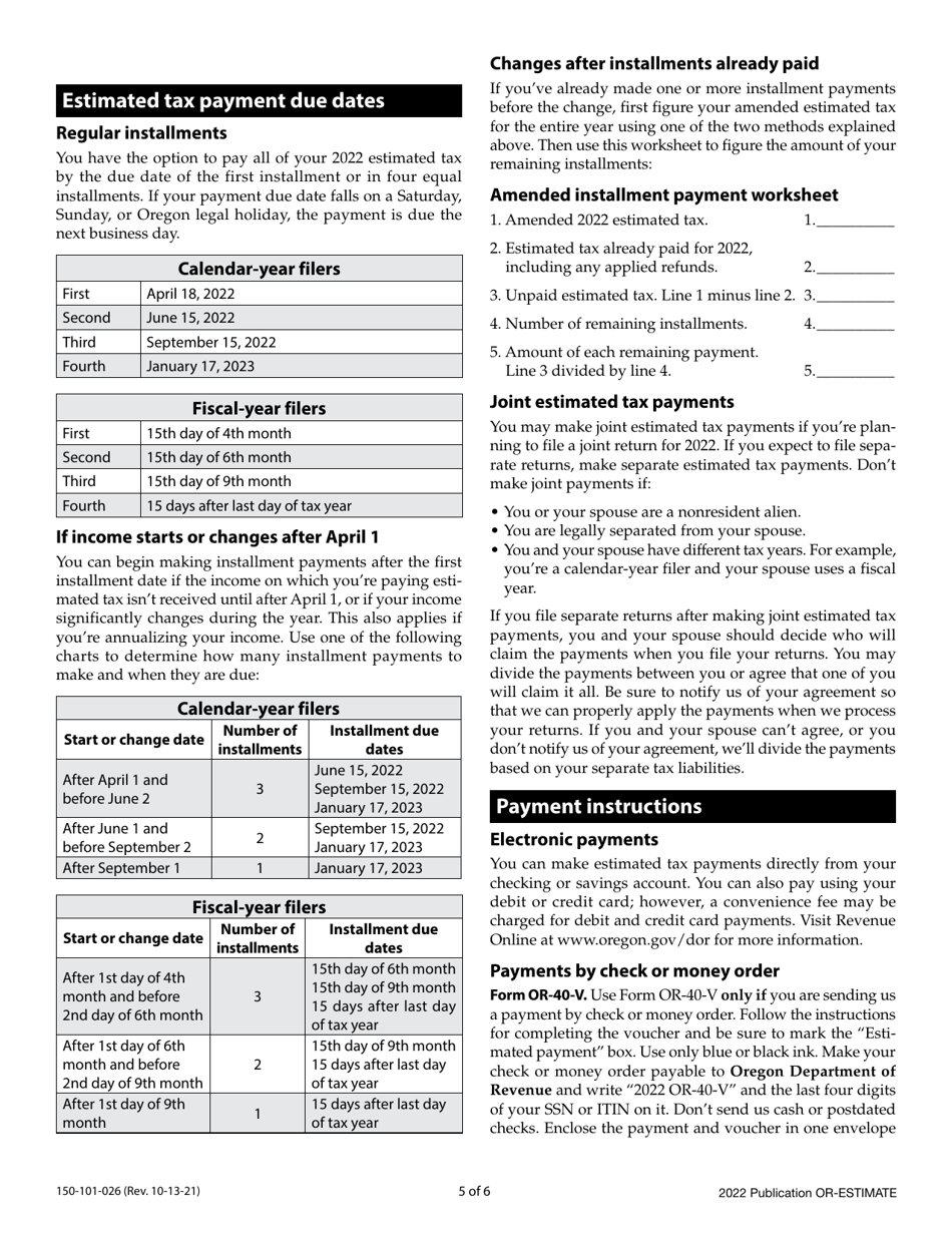 Form OR-ESTIMATE (150-101-026) Estimated Income Tax Instructions - Oregon, Page 5