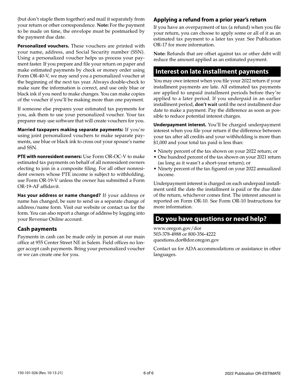 Form OR-ESTIMATE (150-101-026) Estimated Income Tax Instructions - Oregon, Page 6