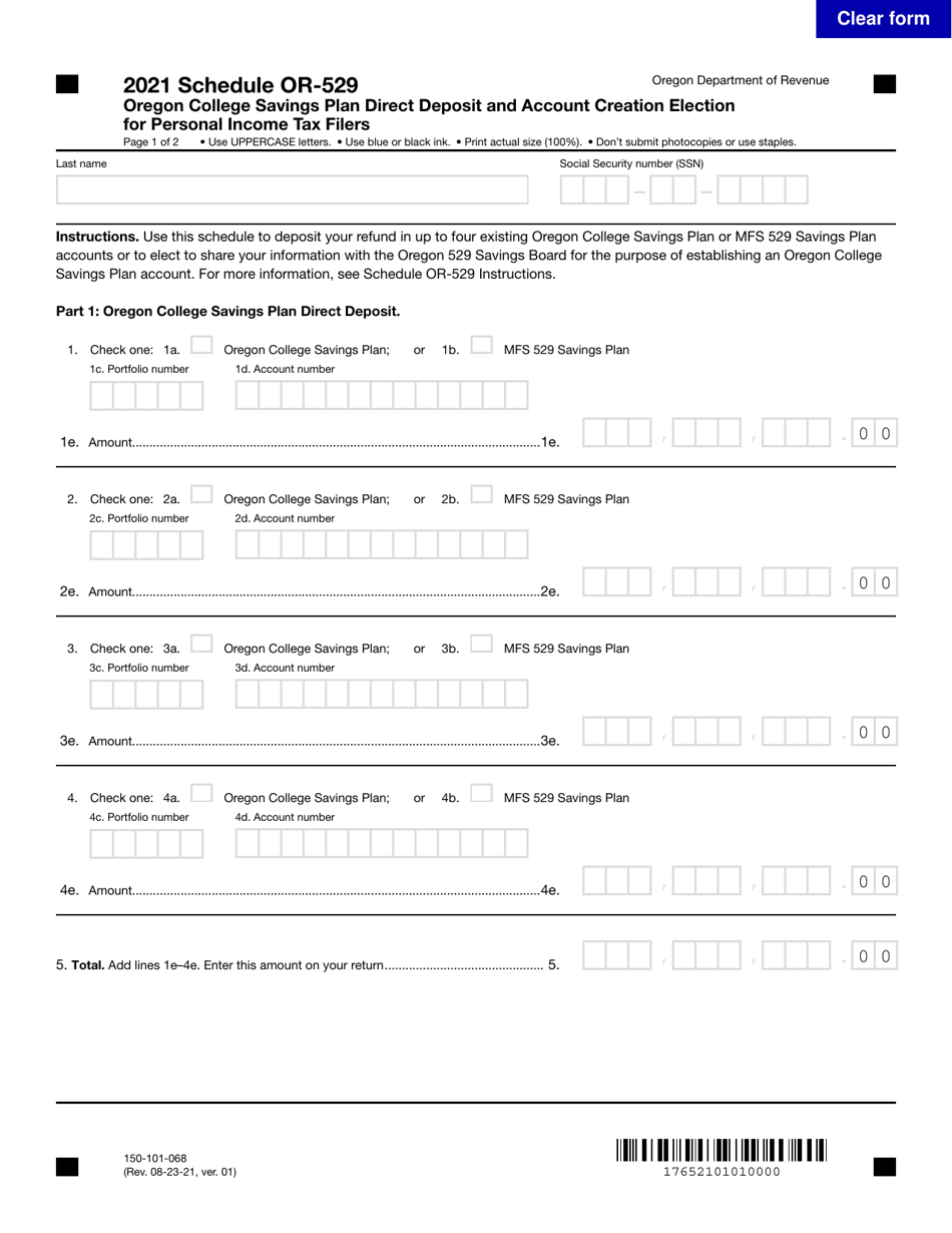 Form 150-101-068 Schedule OR-529 Oregon College Savings Plan Direct Deposit and Account Creation Election for Personal Income Tax Filers - Oregon, Page 1