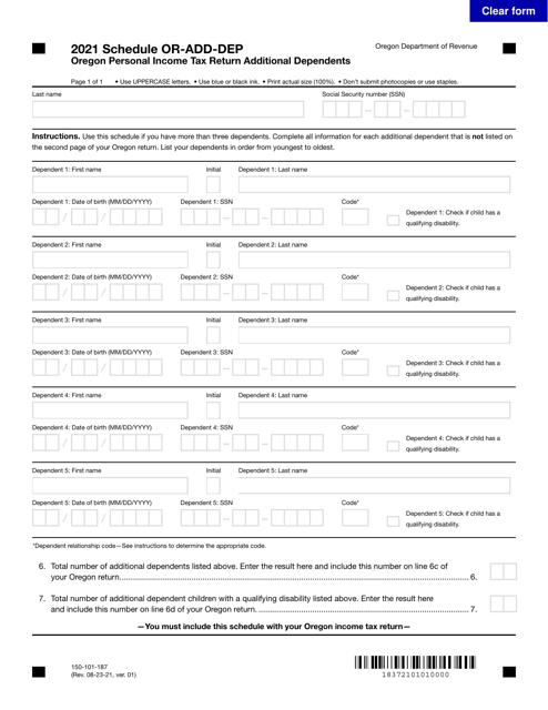 Form 150-101-187 Schedule OR-ADD-DEP 2021 Printable Pdf
