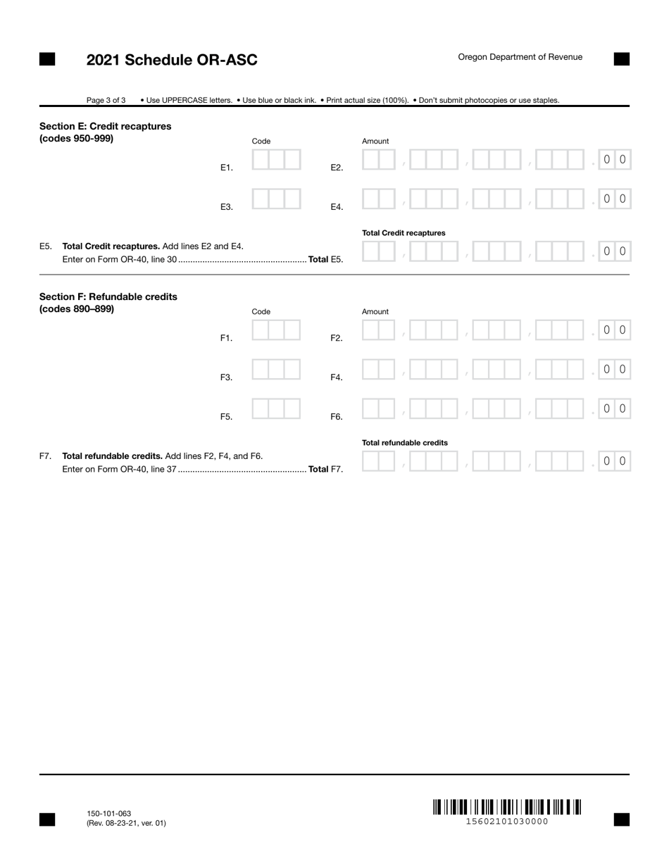Form 150-101-063 Schedule OR-ASC Oregon Adjustments for Form or-40 Filers - Oregon, Page 3