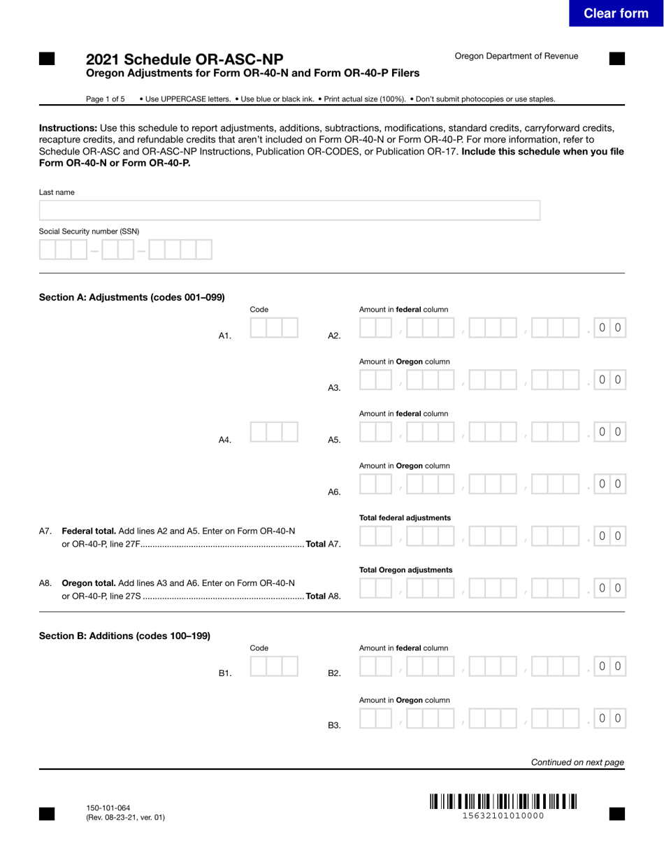 Form 150-101-064 Schedule OR-ASC-NP Oregon Adjustments for Form or-40-n and Form or-40-p Filers - Oregon, Page 1