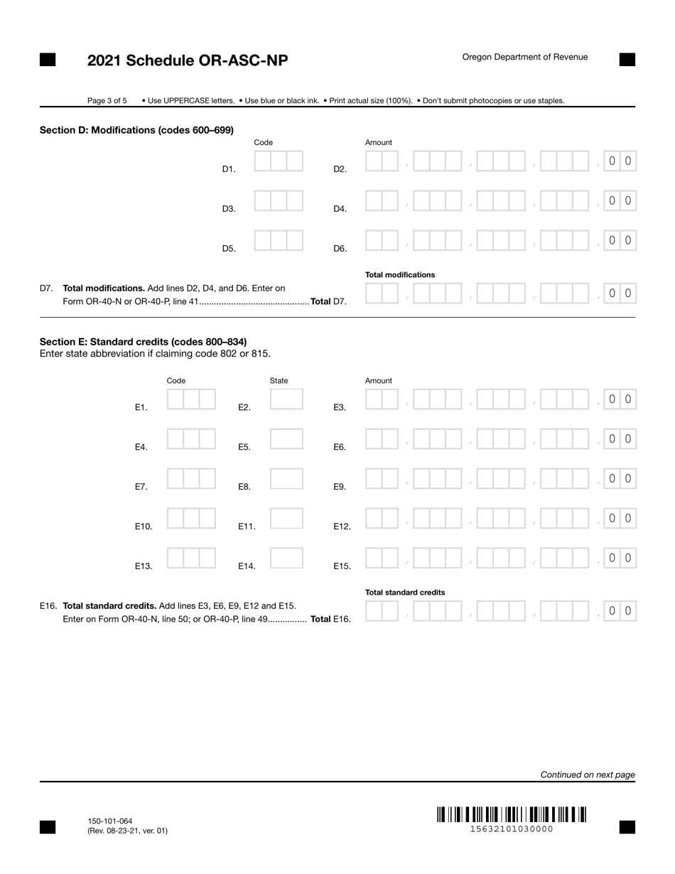 Form 150-101-064 Schedule OR-ASC-NP Oregon Adjustments for Form or-40-n and Form or-40-p Filers - Oregon, Page 3