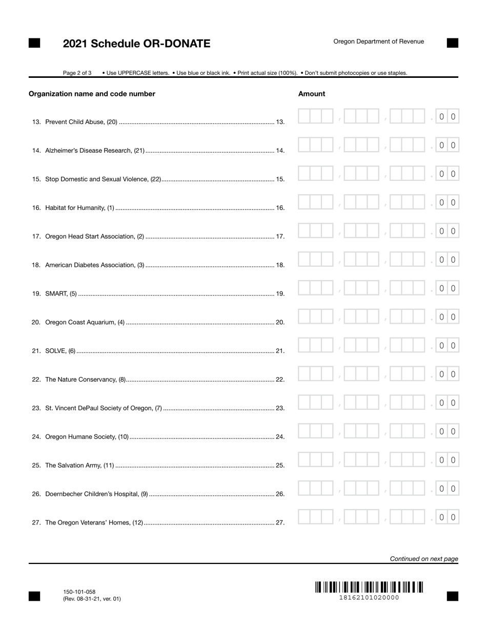 Form 150-101-058 Schedule OR-DONATE Oregon Charitable Checkoff Donations - Oregon, Page 2