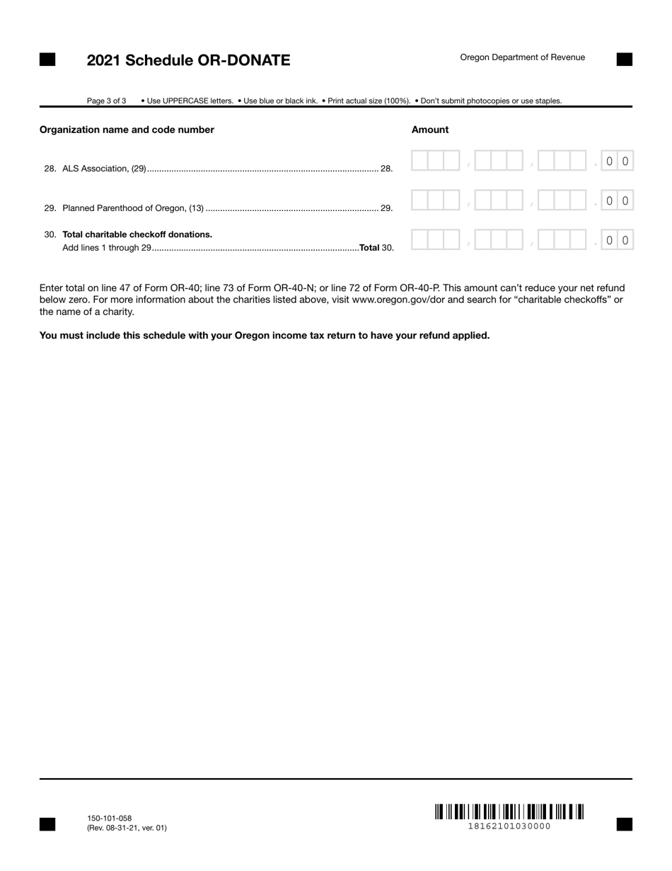 Form 150-101-058 Schedule OR-DONATE Oregon Charitable Checkoff Donations - Oregon, Page 3