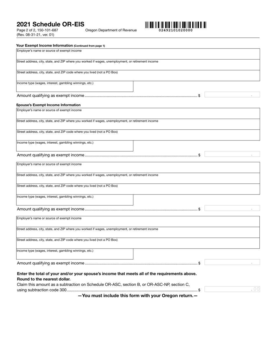 Form 150-101-687 Schedule OR-EIS Exempt Income Schedule for Enrolled Members of a Federally Recognized Indian Tribe - Oregon, Page 2