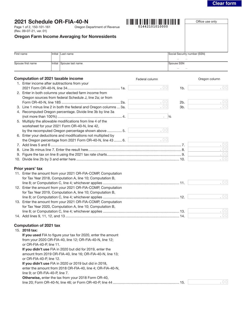 Form 150-101-161 Schedule OR-FIA-40-N Oregon Farm Income Averaging for Nonresidents - Oregon, Page 1