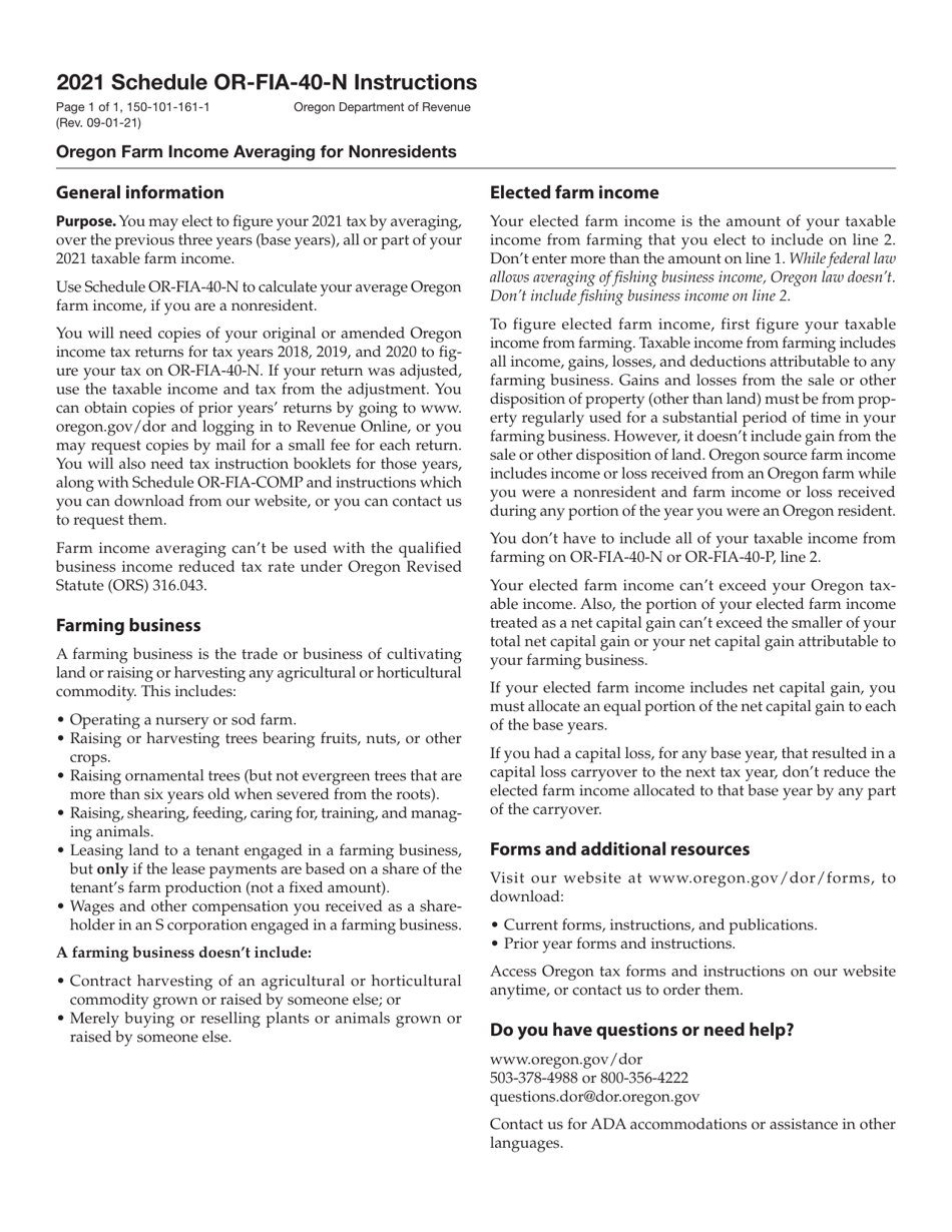 Instructions for Form 150-101-161 Schedule OR-FIA-40-N Oregon Farm Income Averaging for Nonresidents - Oregon, Page 1