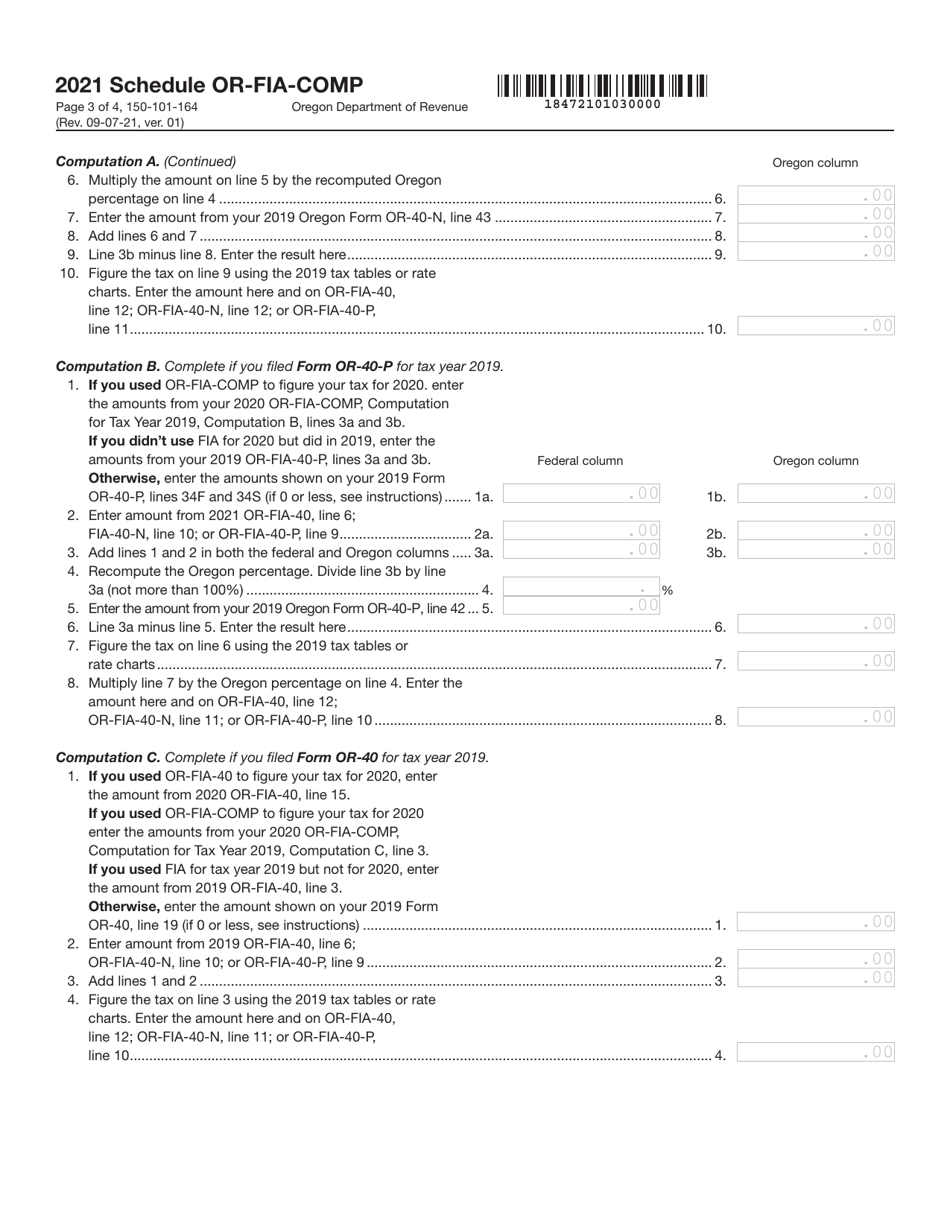 Form 150-101-164 Schedule OR-FIA-COMP Oregon Farm Income Averaging Computation of Tax - Oregon, Page 3