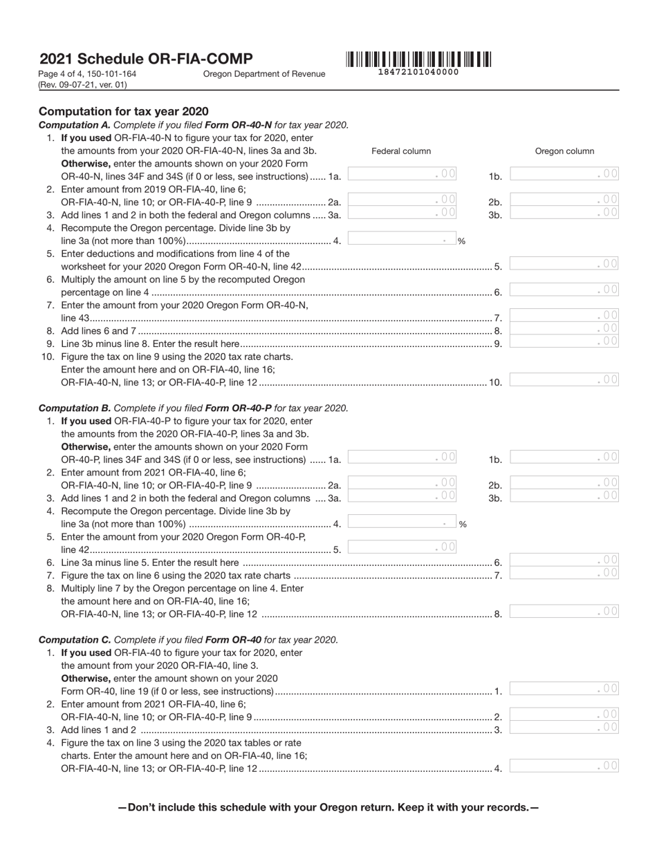 Form 150-101-164 Schedule OR-FIA-COMP Oregon Farm Income Averaging Computation of Tax - Oregon, Page 4
