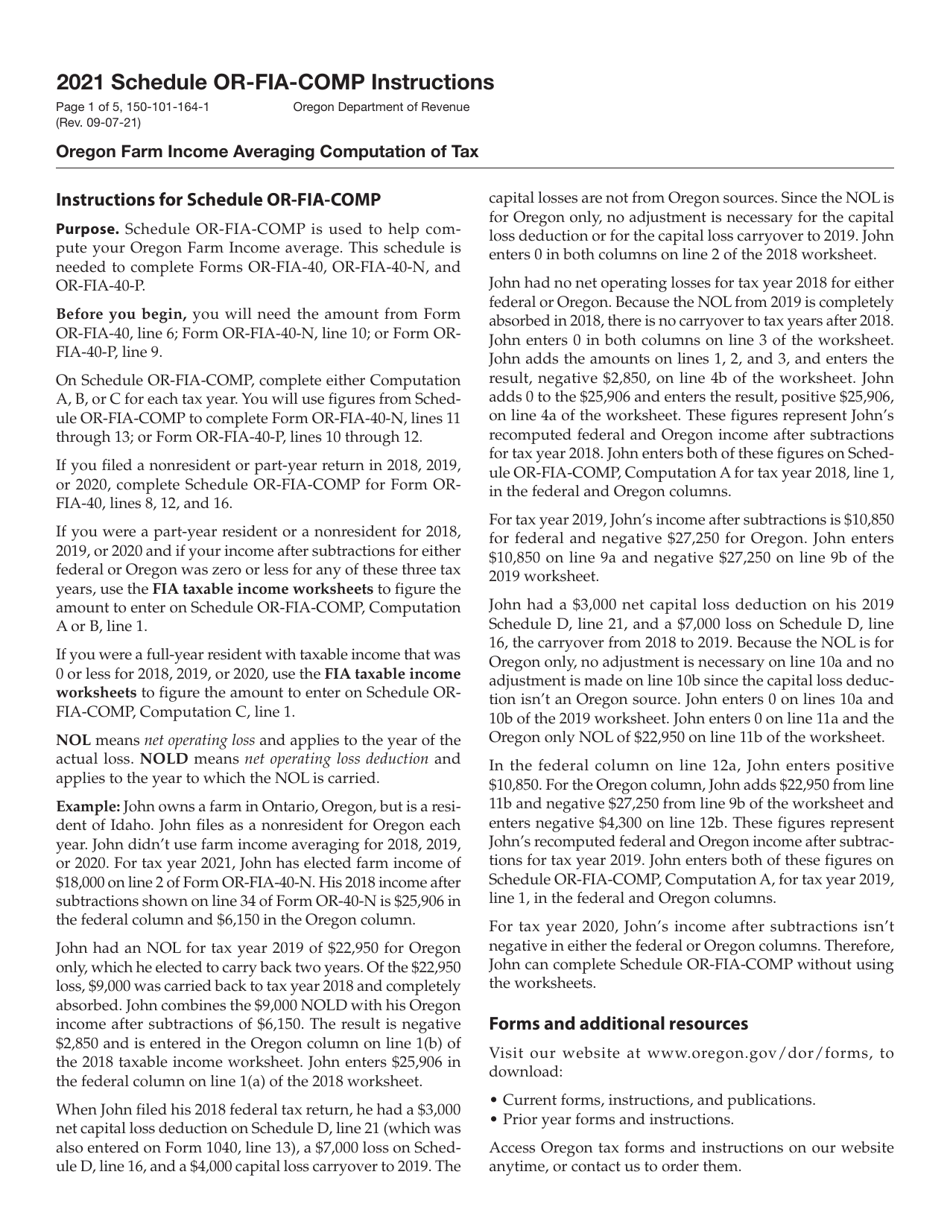 Instructions for Form 150-101-164 Schedule OR-FIA-COMP Oregon Farm Income Averaging Computation of Tax - Oregon, Page 1