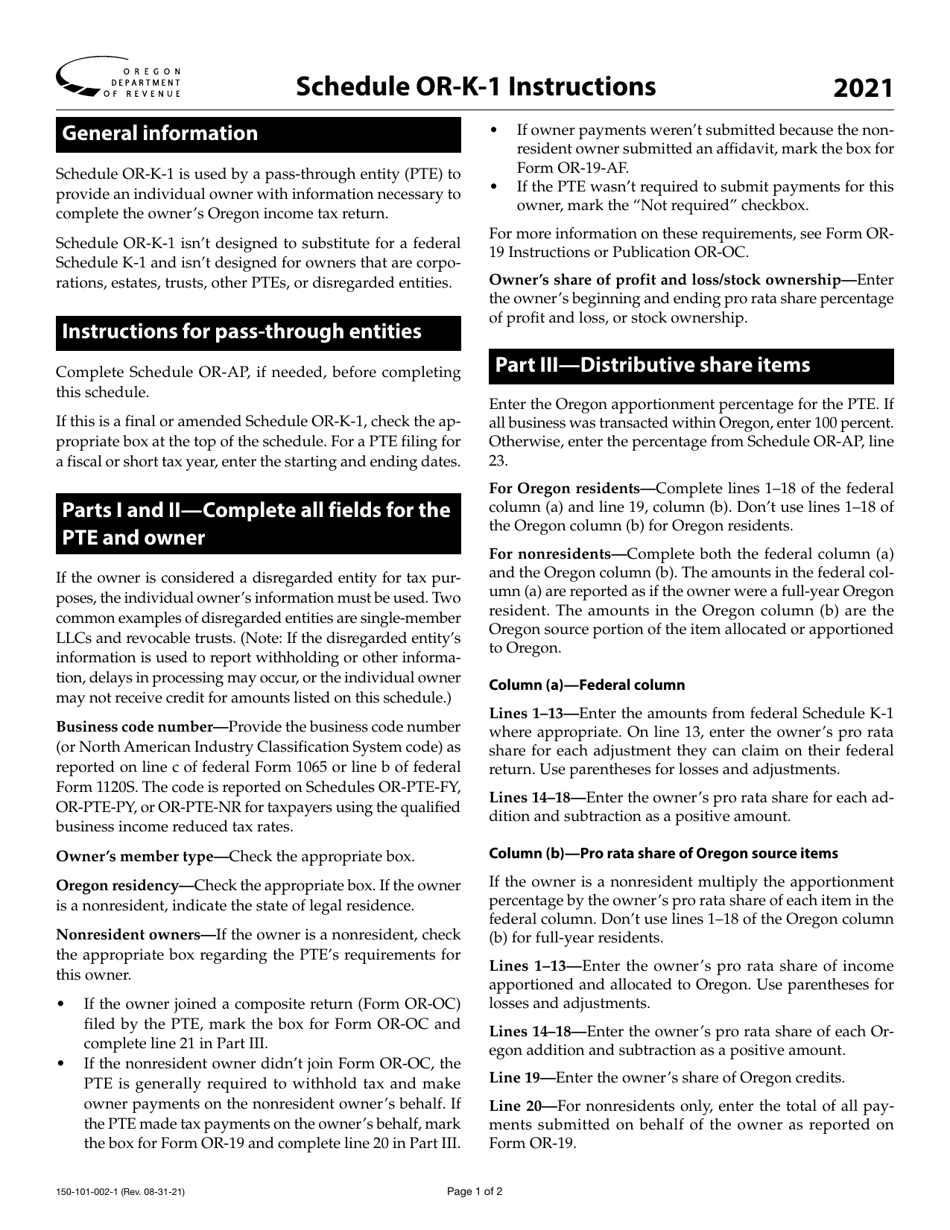 Instructions for Form 150-101-002 Schedule OR-K-1 Distributive Share of Income, Deductions, Credits, Etc. - Oregon, Page 1