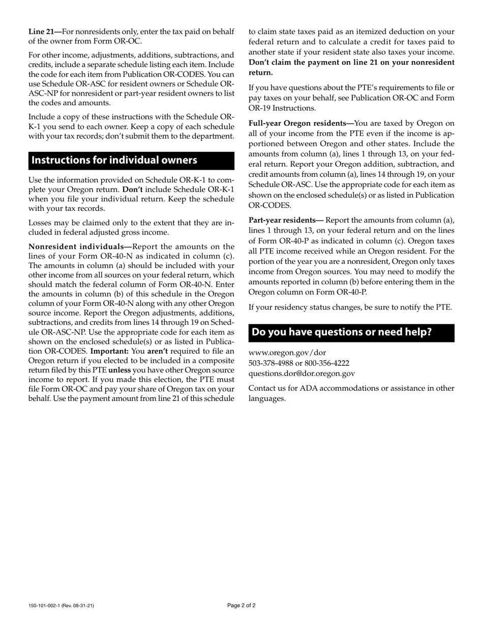 Instructions for Form 150-101-002 Schedule OR-K-1 Distributive Share of Income, Deductions, Credits, Etc. - Oregon, Page 2