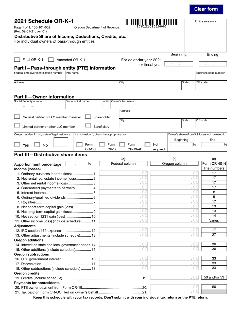 Form 150-101-002 Schedule OR-K-1 Distributive Share of Income, Deductions, Credits, Etc. - Oregon, Page 1