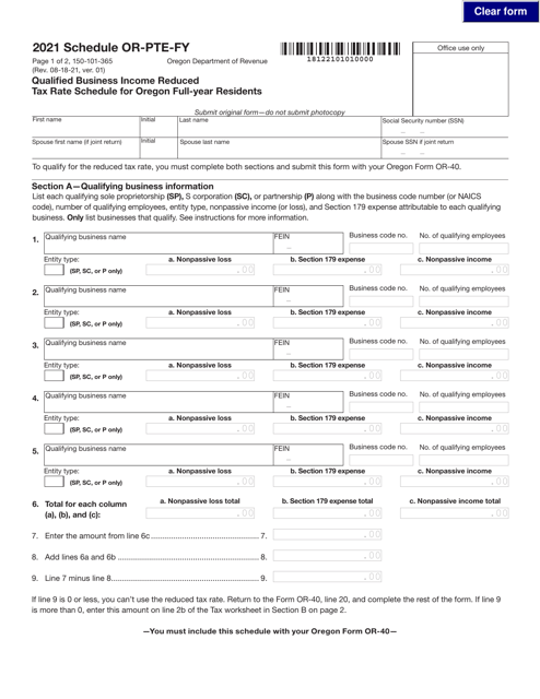 Form 150-101-365 Schedule OR-PTE-FY 2021 Printable Pdf