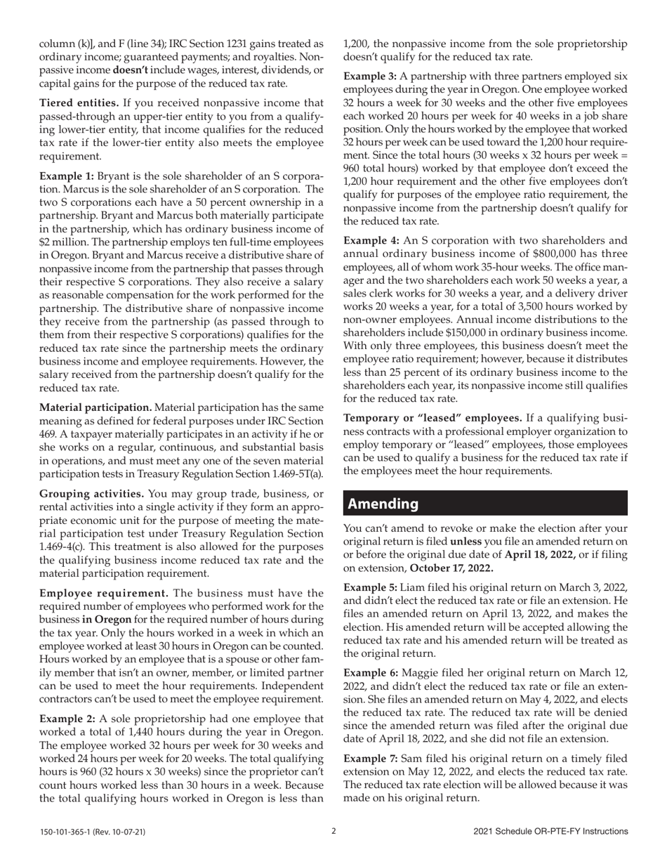 Instructions for Form 150-101-365 Schedule OR-PTE-FY Qualifying Business Income Reduced Tax Rate for Oregon Full-Year Residents - Oregon, Page 2