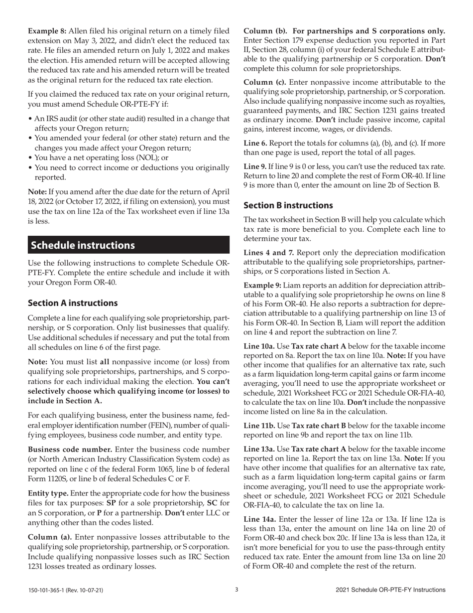 Instructions for Form 150-101-365 Schedule OR-PTE-FY Qualifying Business Income Reduced Tax Rate for Oregon Full-Year Residents - Oregon, Page 3