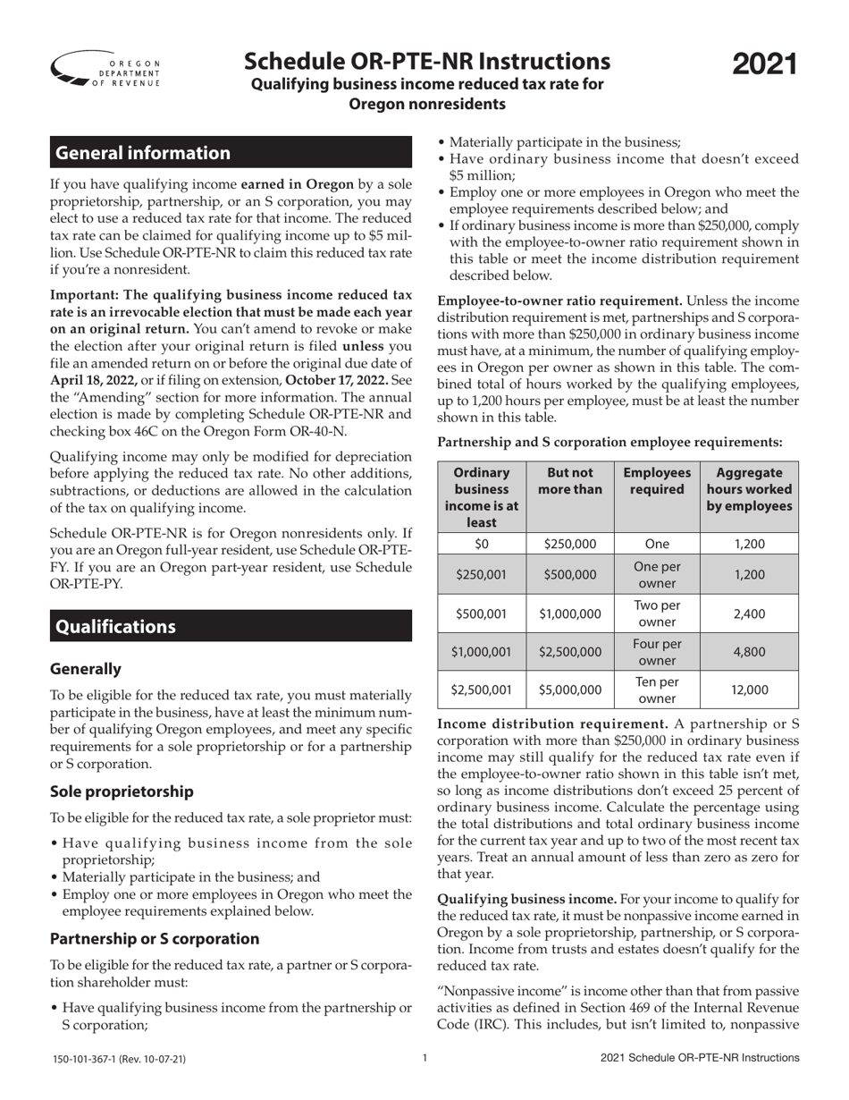 Instructions for Form 150-101-367 Schedule OR-PTE-NR Qualified Business Income Reduced Tax Rate Schedule for Oregon Nonresidents - Oregon, Page 1