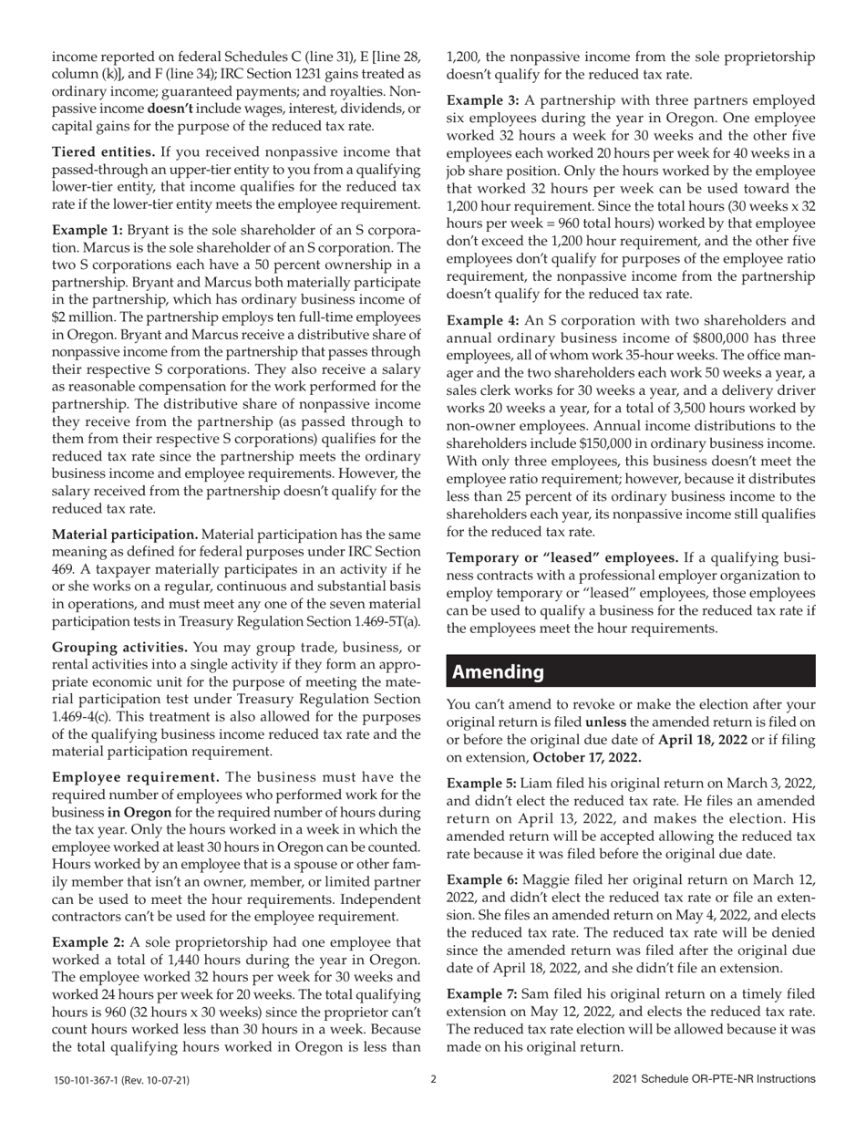 Instructions for Form 150-101-367 Schedule OR-PTE-NR Qualified Business Income Reduced Tax Rate Schedule for Oregon Nonresidents - Oregon, Page 2
