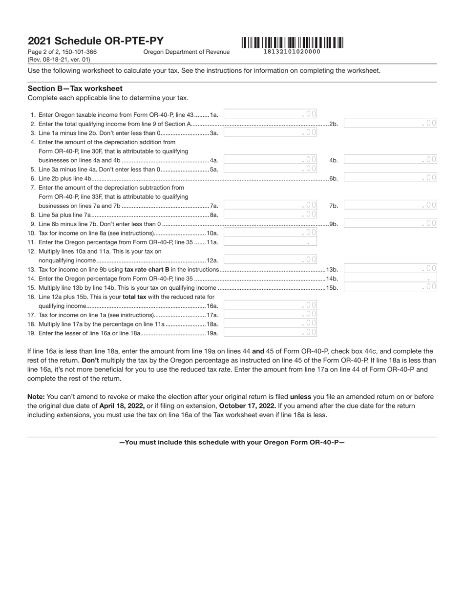 Form 150-101-366 Schedule OR-PTE-PY Qualified Business Income Reduced Tax Rate Schedule for Oregon Part-Year Residents - Oregon, Page 2