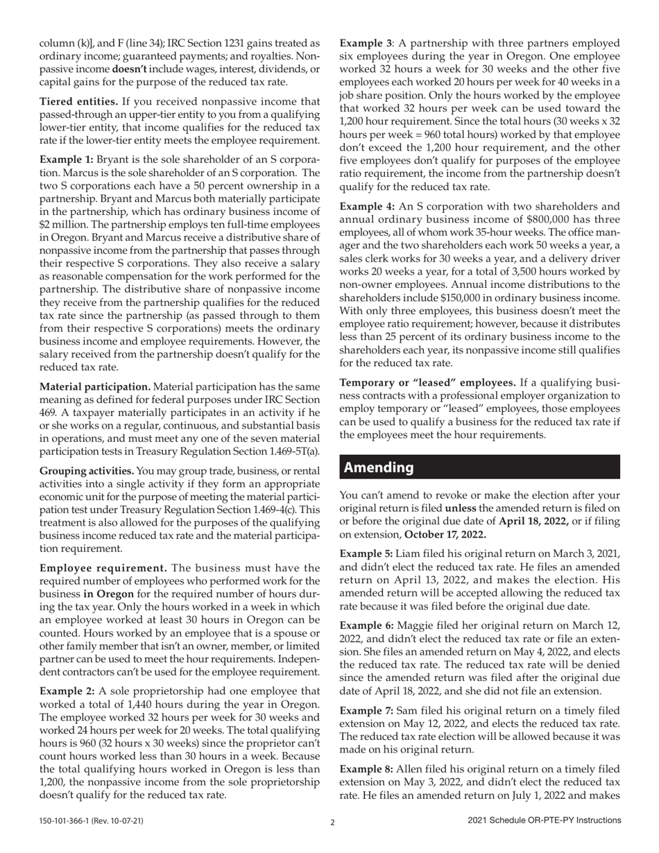 Instructions for Form 150-101-366 Schedule OR-PTE-PY Qualified Business Income Reduced Tax Rate Schedule for Oregon Part-Year Residents - Oregon, Page 2