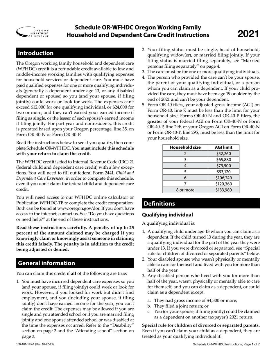 Instructions for Form 150-101-195 Schedule OR-WFHDC Oregon Working Family Household and Dependent Care Credit - Oregon, Page 1