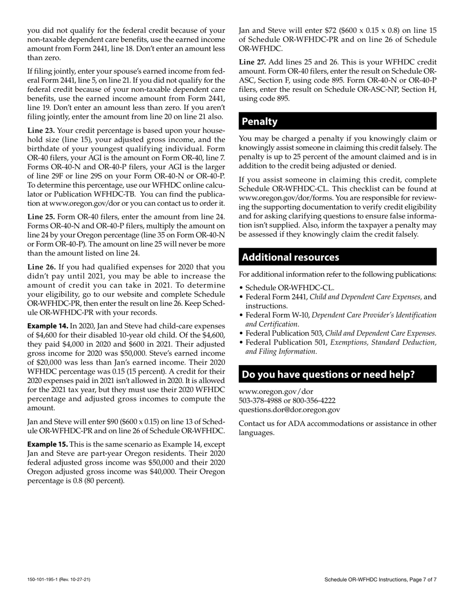 Instructions for Form 150-101-195 Schedule OR-WFHDC Oregon Working Family Household and Dependent Care Credit - Oregon, Page 7