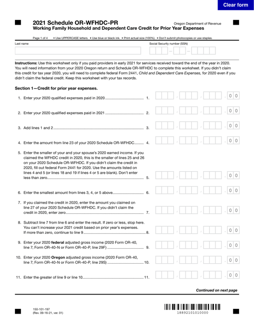 Form 150-101-197 Schedule OR-WFHDC-PR 2021 Printable Pdf