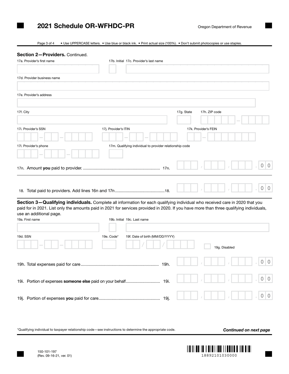 Form 150-101-197 Schedule OR-WFHDC-PR Working Family Household and Dependent Care Credit for Prior Year Expenses - Oregon, Page 3