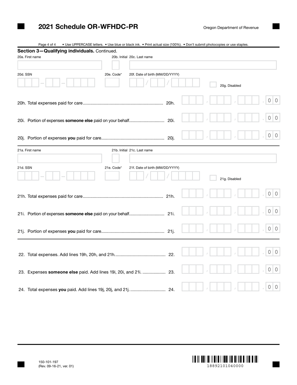 Form 150-101-197 Schedule OR-WFHDC-PR Working Family Household and Dependent Care Credit for Prior Year Expenses - Oregon, Page 4