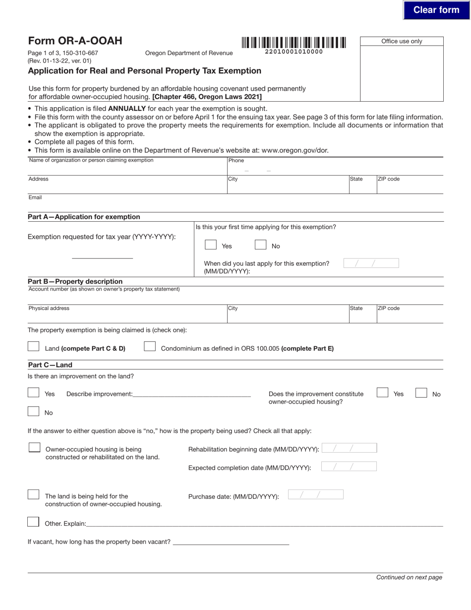 Form OR-A-OOAH (150-310-667) Application for Real and Personal Property Tax Exemption - Oregon, Page 1