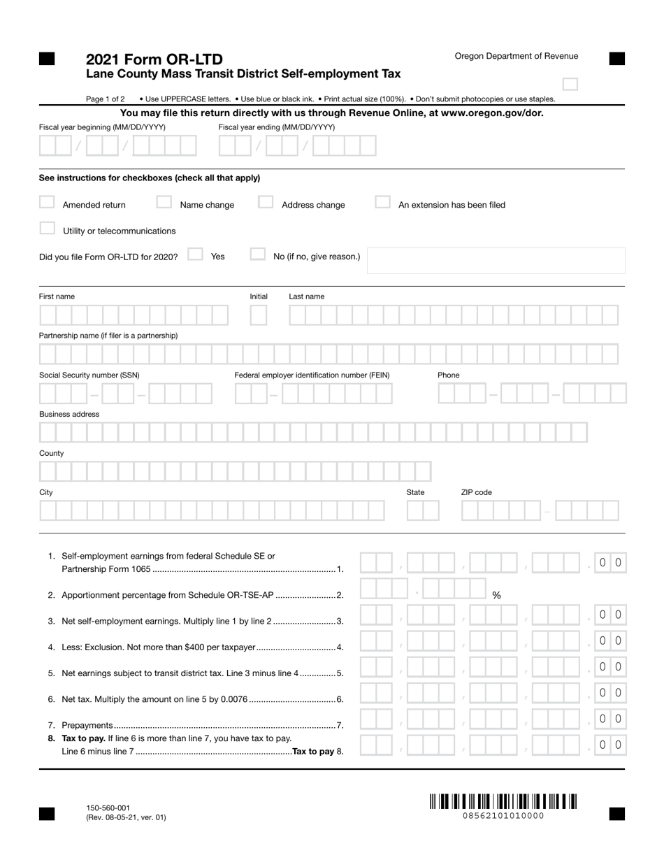 Form OR-LTD (150-560-001) Lane County Mass Transit District Self-employment Tax - Oregon, Page 1