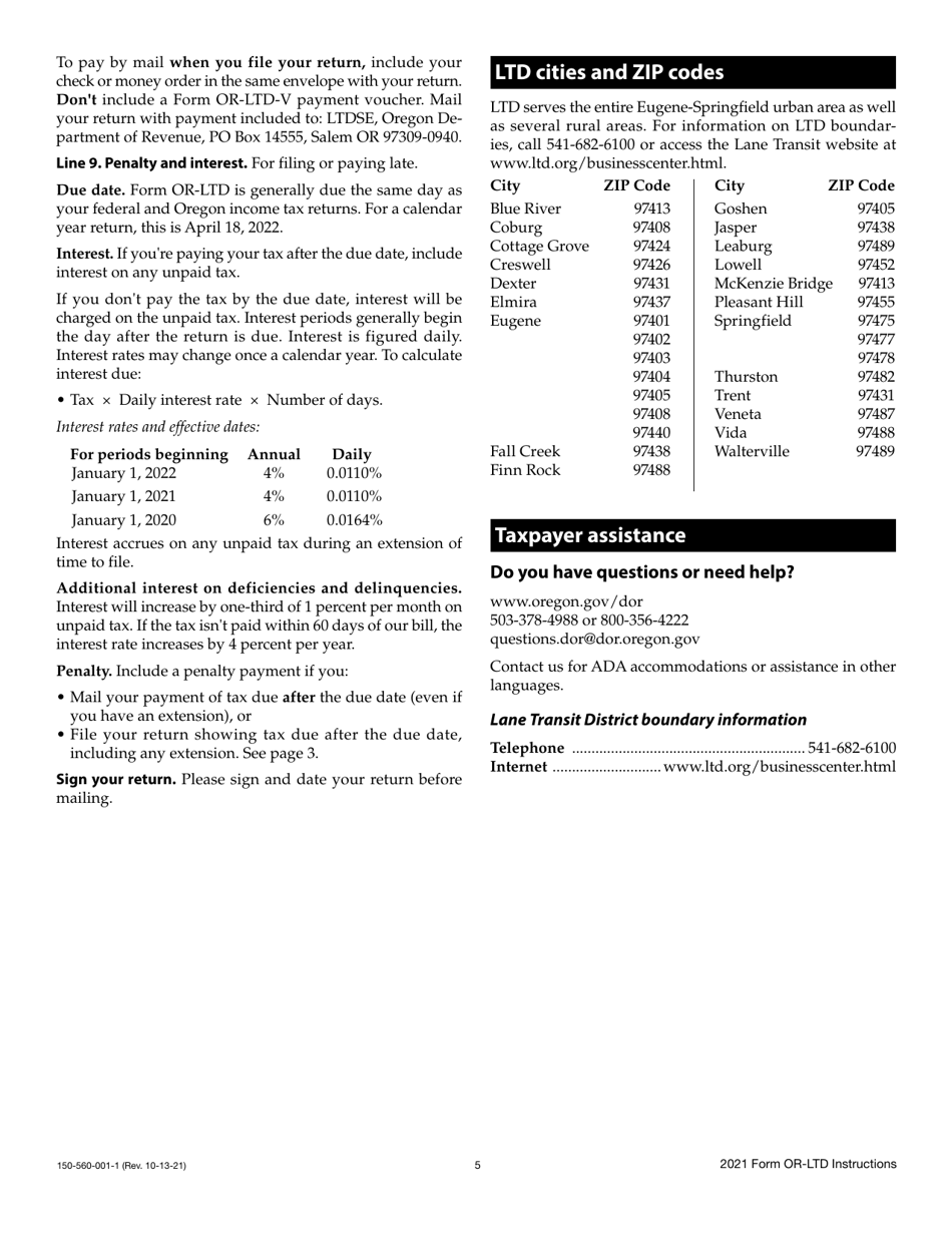 Instructions for Form OR-LTD, 150-560-001 Lane County Mass Transit District Self-employment Tax - Oregon, Page 5