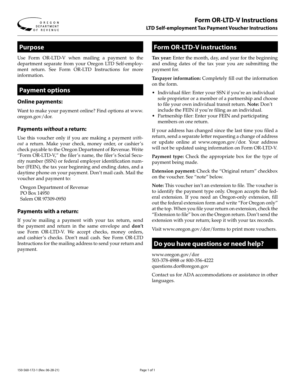 Instructions for Form OR-LTD-V, 150-560-172 Ltd Self-employment Tax Payment Voucher - Oregon, Page 1