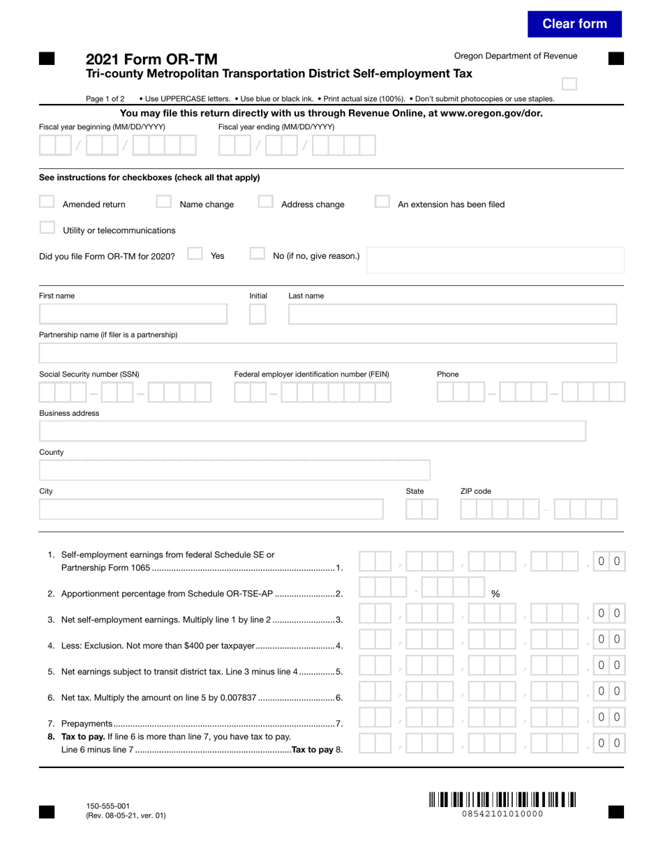 Form OR-TM (150-555-001) Tri-County Metropolitan Transportation District Self-employment Tax - Oregon, Page 1