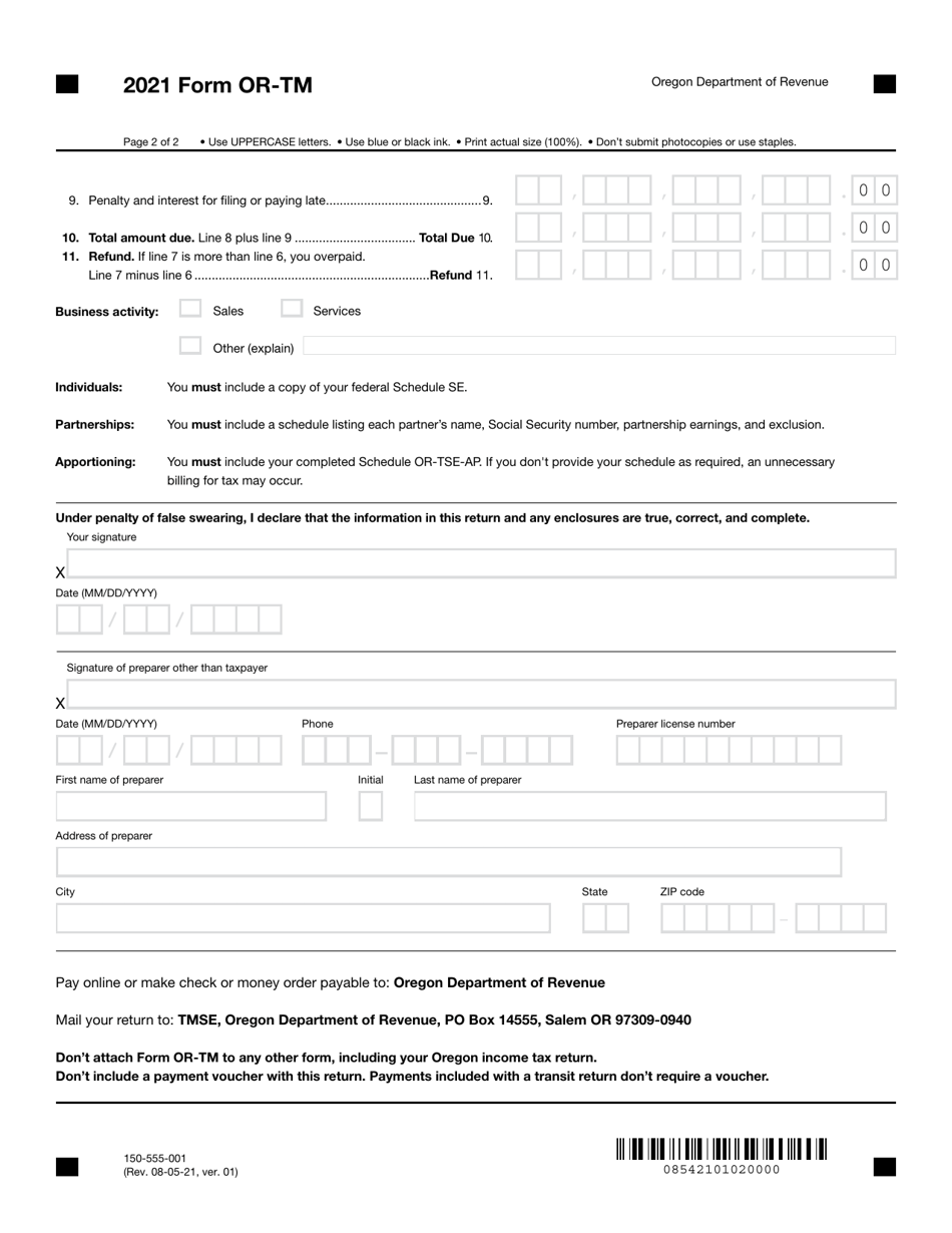 Form OR-TM (150-555-001) Tri-County Metropolitan Transportation District Self-employment Tax - Oregon, Page 2