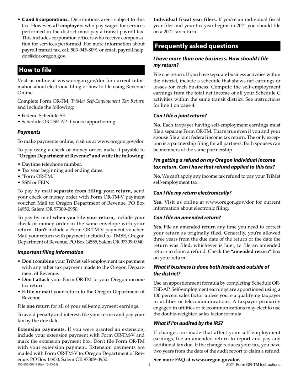 Instructions for Form OR-TM, 150-555-001 Tri-County Metropolitan Transportation District Self-employment Tax - Oregon, Page 2